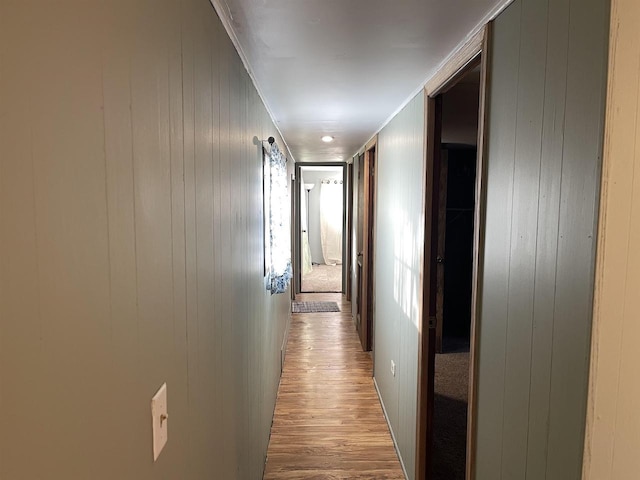 hallway with ornamental molding, light hardwood / wood-style flooring, and wooden walls