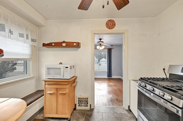 kitchen featuring stainless steel gas stove and ceiling fan