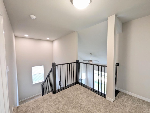 6839 Belle Fontaine Blvd, Middleton, WI 53562 - stairs with carpet flooring, a ceiling fan, baseboards, and recessed lighting
