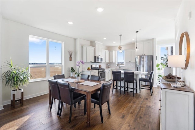 dining room featuring plenty of natural light and dark hardwood / wood-style flooring