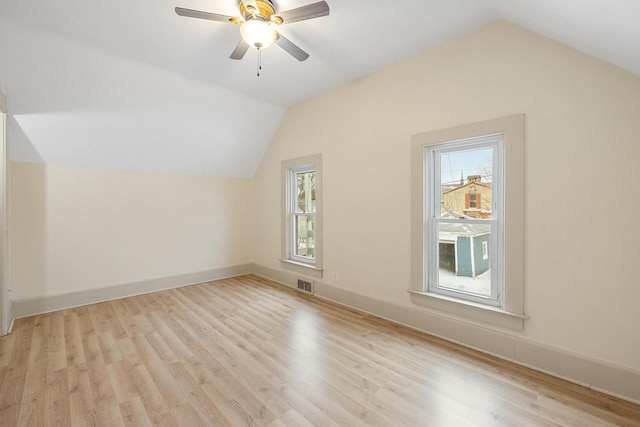 bonus room featuring ceiling fan, lofted ceiling, and light wood-type flooring