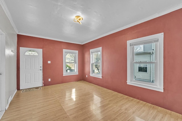 entryway featuring light hardwood / wood-style floors and crown molding