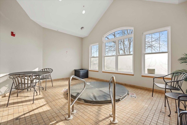 recreation room with high vaulted ceiling