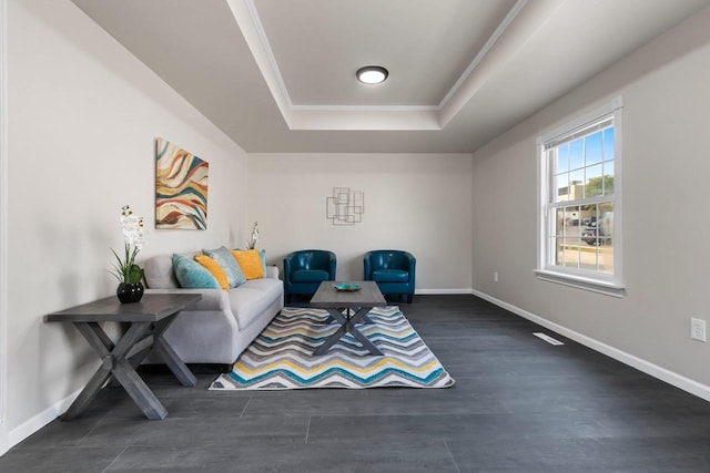 sitting room with a tray ceiling and dark hardwood / wood-style flooring