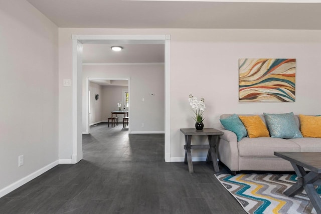 living room with dark hardwood / wood-style flooring