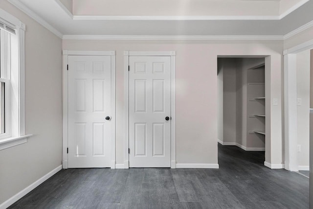 unfurnished bedroom with multiple windows, dark hardwood / wood-style floors, and a tray ceiling