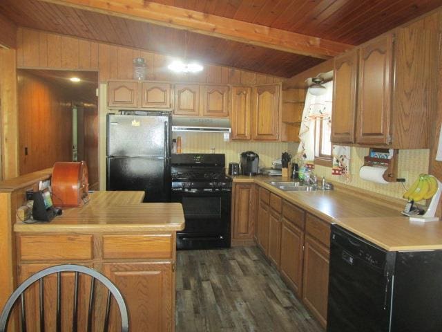 kitchen with lofted ceiling with beams, sink, wood ceiling, black appliances, and dark wood-type flooring