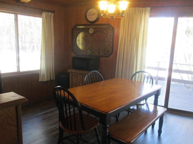 dining space featuring a notable chandelier, wooden walls, dark hardwood / wood-style floors, and a healthy amount of sunlight