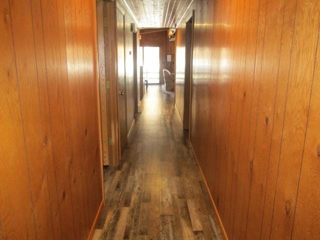 corridor featuring dark hardwood / wood-style floors and wood walls