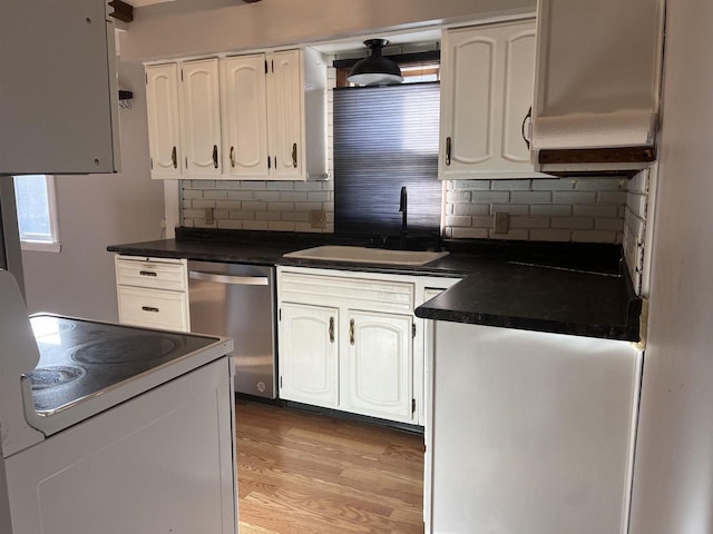 kitchen featuring stainless steel dishwasher, sink, backsplash, white cabinets, and white range with electric stovetop