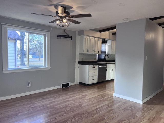 kitchen with white cabinetry, wood-type flooring, sink, backsplash, and stainless steel dishwasher