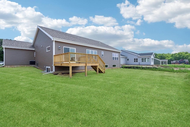6635 Royal View Dr, Deforest, WI 53532 - back of house featuring a wooden deck, central air condition unit, a lawn, and stairway