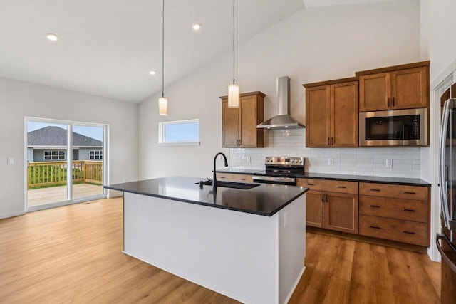 6635 Royal View Dr, Deforest, WI 53532 - kitchen featuring wall chimney range hood, stainless steel appliances, a sink, wood finished floors, and high vaulted ceiling