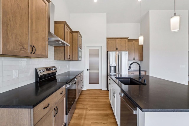 6635 Royal View Dr, Deforest, WI 53532 - kitchen featuring appliances with stainless steel finishes, a sink, wall chimney exhaust hood, light wood-type flooring, and decorative backsplash