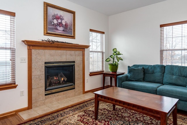 living room with hardwood / wood-style floors and a fireplace