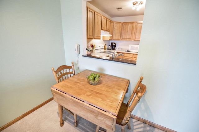 carpeted dining space with sink