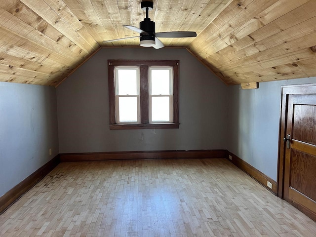 bonus room with ceiling fan, vaulted ceiling, wood ceiling, and light wood-type flooring