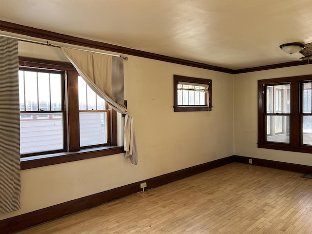 spare room featuring light hardwood / wood-style floors and crown molding