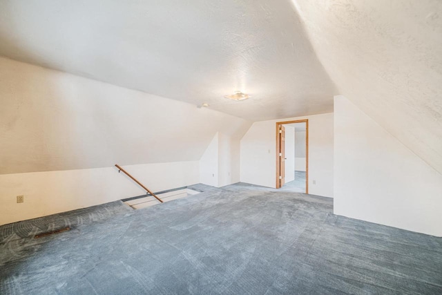 additional living space with carpet, a textured ceiling, and lofted ceiling