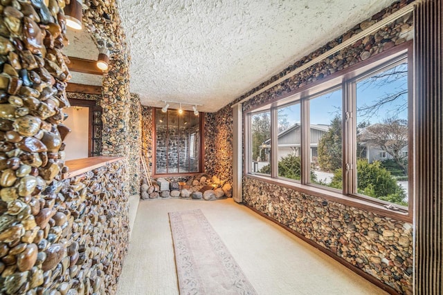 interior space with rail lighting and a textured ceiling