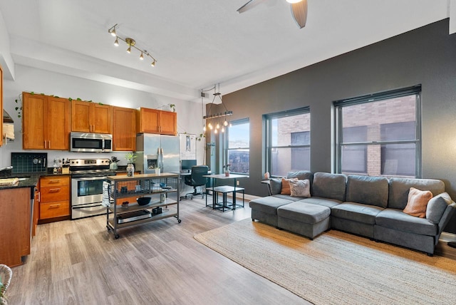 kitchen featuring ceiling fan, stainless steel appliances, decorative light fixtures, and light hardwood / wood-style floors