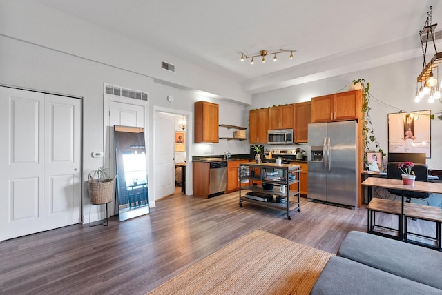 kitchen with hanging light fixtures, dark hardwood / wood-style floors, and appliances with stainless steel finishes