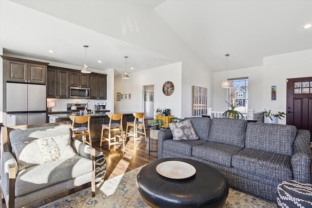 living room with vaulted ceiling and dark wood-type flooring