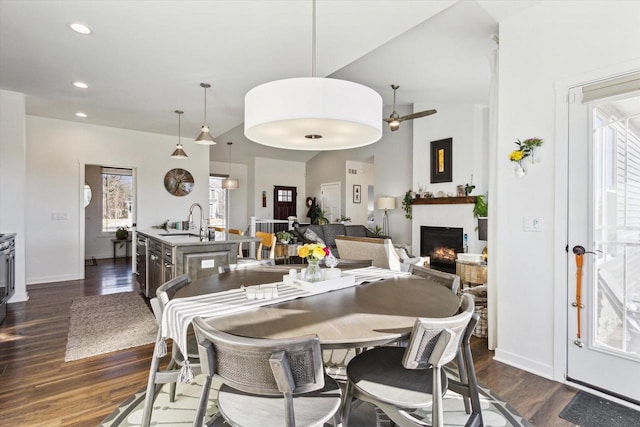 dining space featuring vaulted ceiling, sink, and dark hardwood / wood-style flooring