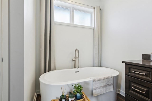 bathroom featuring vanity and a washtub