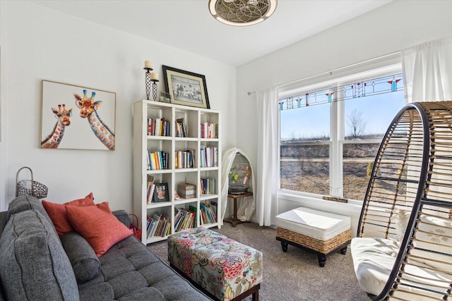 living area featuring carpet floors