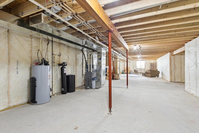 basement with heating unit and gas water heater