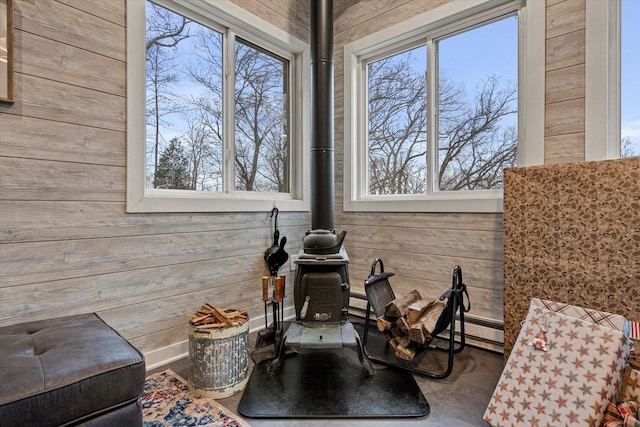 room details featuring wooden walls and a wood stove