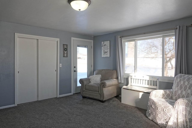 sitting room featuring dark carpet