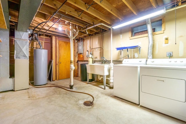 basement with gas water heater, heating unit, sink, electric panel, and washer and clothes dryer