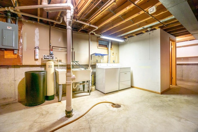 basement with electric panel and separate washer and dryer