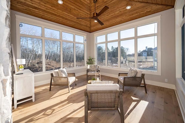 sunroom with wood ceiling, vaulted ceiling, and ceiling fan