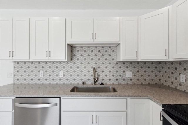 kitchen featuring tasteful backsplash, sink, stainless steel dishwasher, and white cabinets