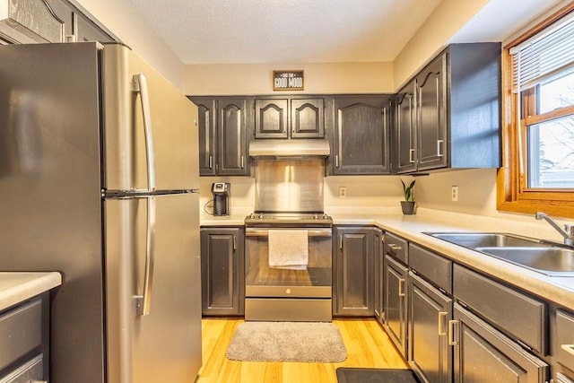 kitchen featuring appliances with stainless steel finishes, sink, and light hardwood / wood-style flooring