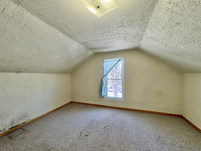 additional living space with lofted ceiling, carpet, and a textured ceiling