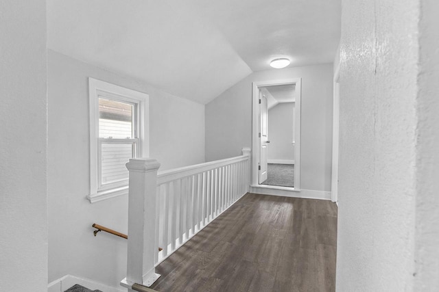 hall with lofted ceiling and hardwood / wood-style floors