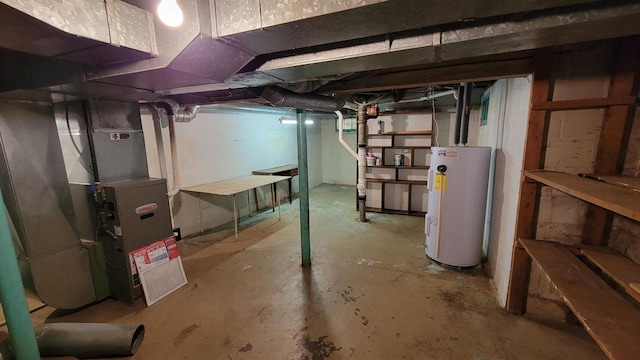 basement with heating unit and electric water heater