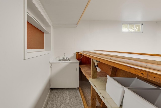 interior space with light colored carpet and sink