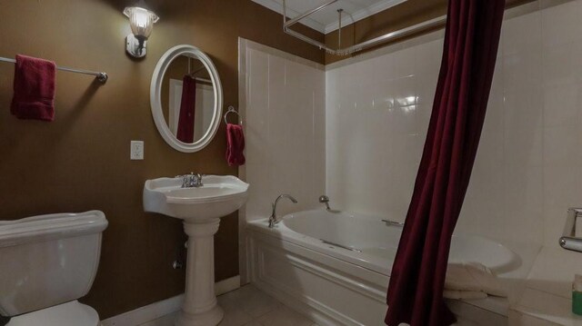 N3684 Claire Rd, Taylor, WI 54659 - bathroom featuring tile patterned floors, toilet, and shower / bath combo with shower curtain