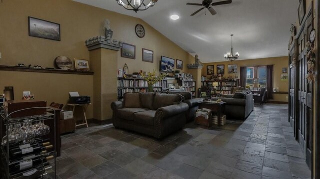 N3684 Claire Rd, Taylor, WI 54659 - living room featuring lofted ceiling and ceiling fan with notable chandelier