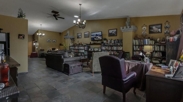 N3684 Claire Rd, Taylor, WI 54659 - living room featuring ceiling fan with notable chandelier and vaulted ceiling