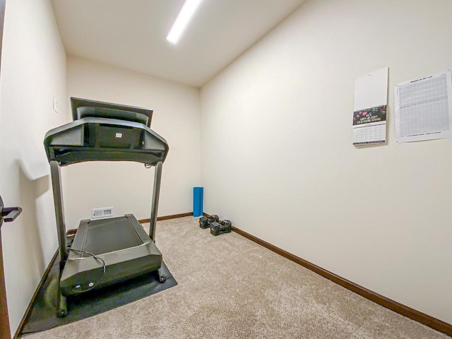 exercise room featuring lofted ceiling and carpet floors