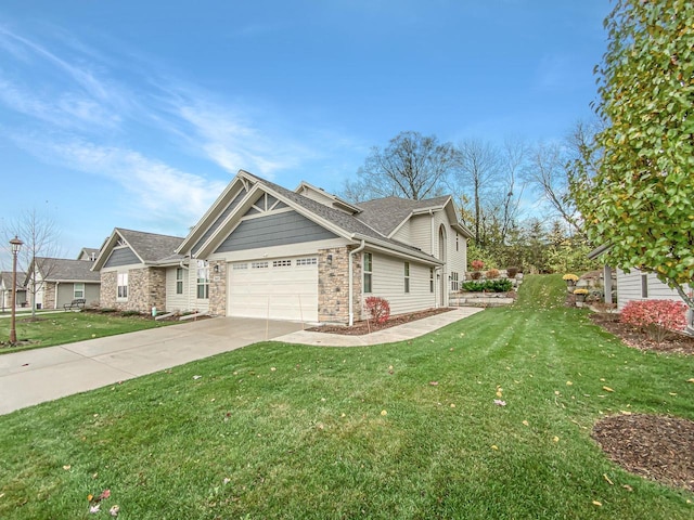 craftsman inspired home with a garage and a front yard