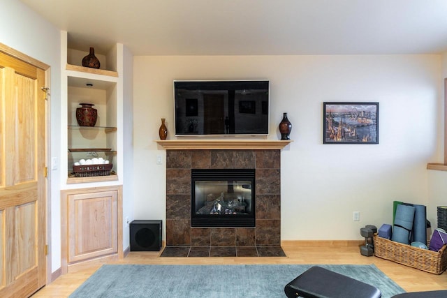 living area featuring a fireplace and wood finished floors