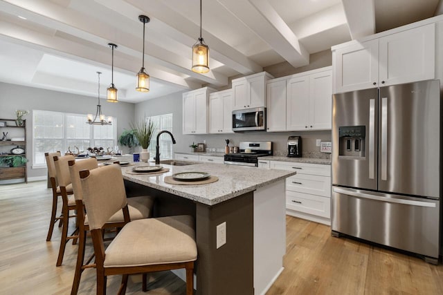 kitchen featuring stainless steel appliances, sink, a center island with sink, and white cabinets