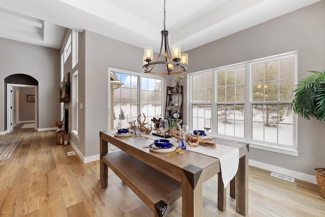 dining space featuring a healthy amount of sunlight, a tray ceiling, a chandelier, and light hardwood / wood-style flooring